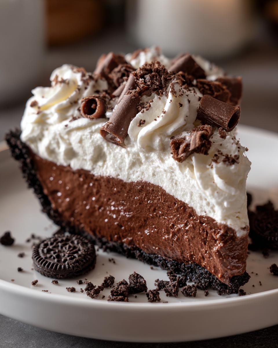 A decadent slice of Christmas chocolate cream pie featuring a dark chocolate filling, white whipped cream, and chocolate curls.