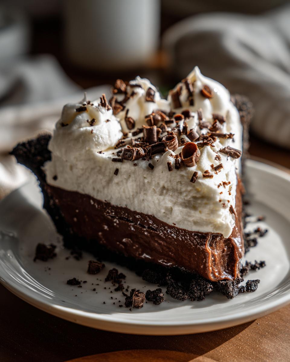 A rich slice of Christmas chocolate cream pie featuring a dark chocolate filling, thick whipped cream, and chocolate shavings.