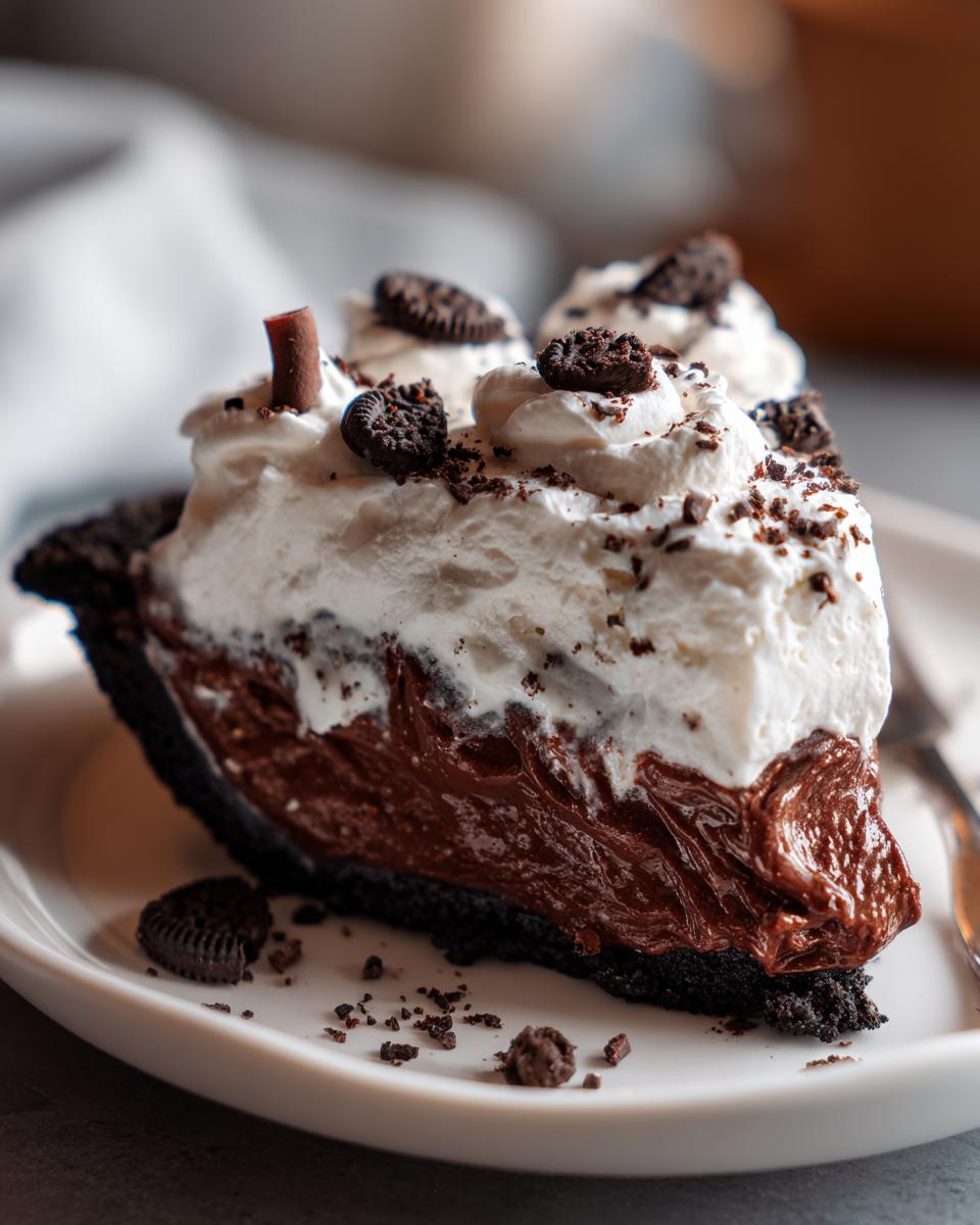 A rich slice of Christmas chocolate cream pie featuring dark chocolate filling, whipped cream, and cookie crumbles.