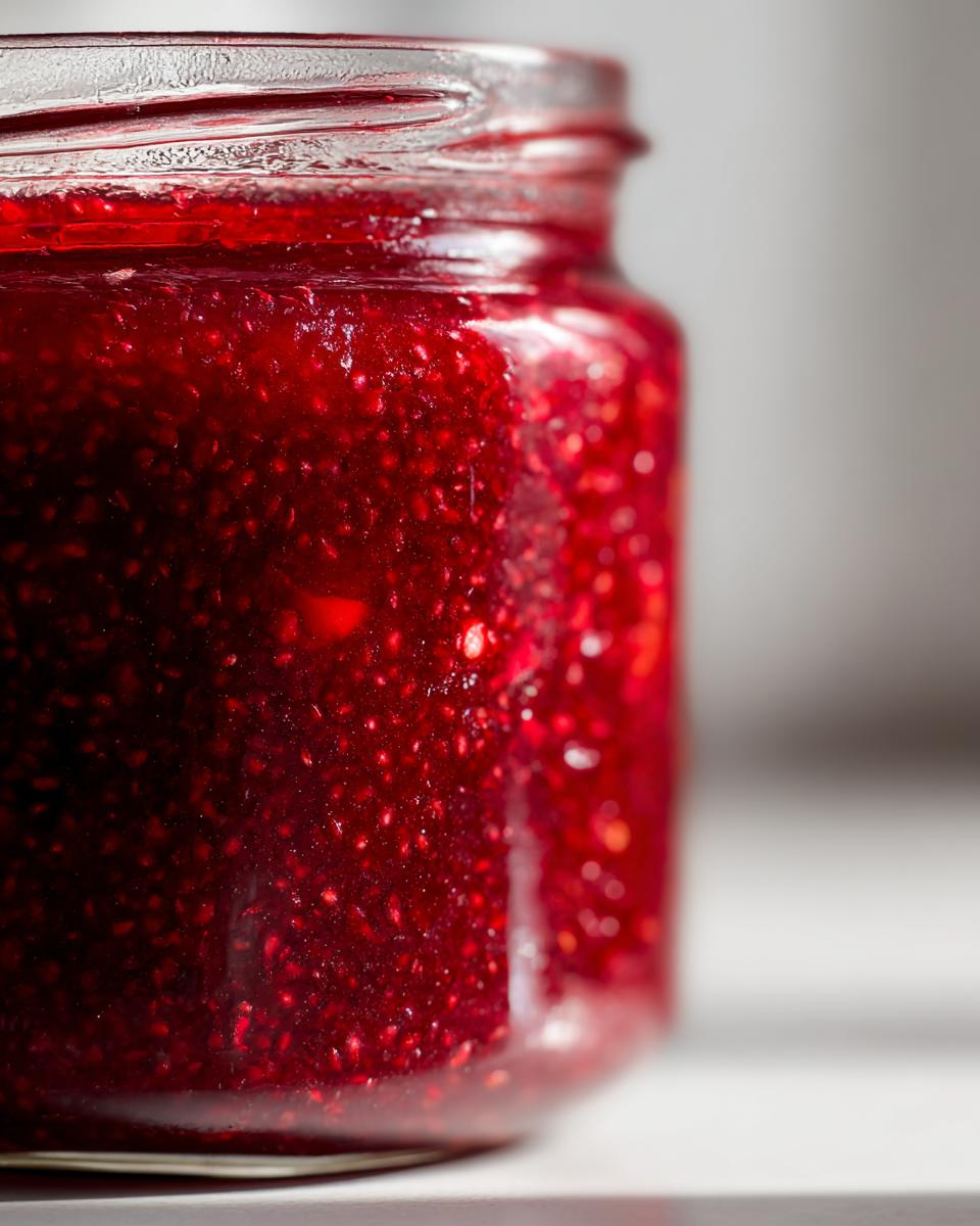 Close-up of a glass jar filled with vibrant, deep red, textured christmas jam, showing visible seeds.