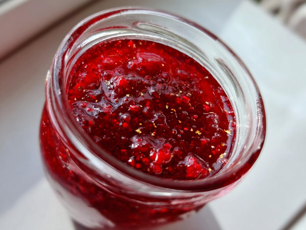 Overhead close-up of vibrant red christmas jam sparkling with edible gold flakes inside a clear glass jar.