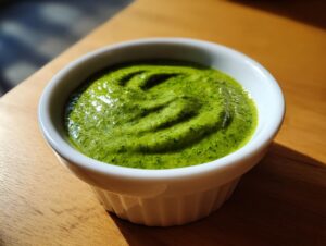 Close-up of vibrant green cilantro lime sauce swirled in a small white ramekin on a wooden surface.