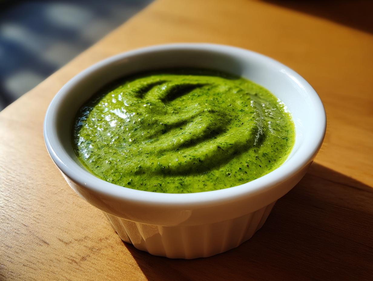 Close-up of vibrant green cilantro lime sauce swirled in a small white ramekin on a wooden surface.