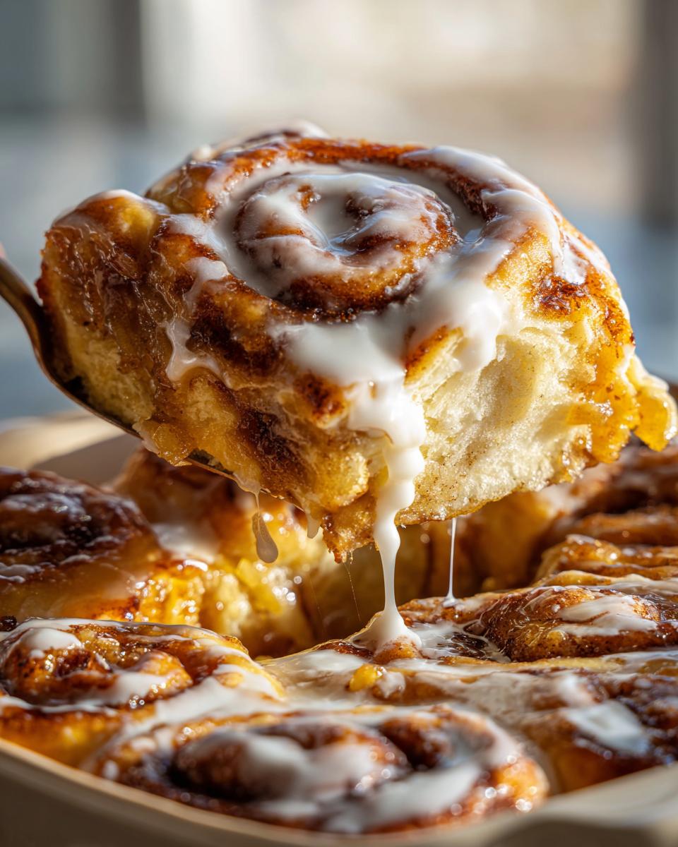 A gooey portion of cinnamon roll apple pie being lifted, dripping with white icing.
