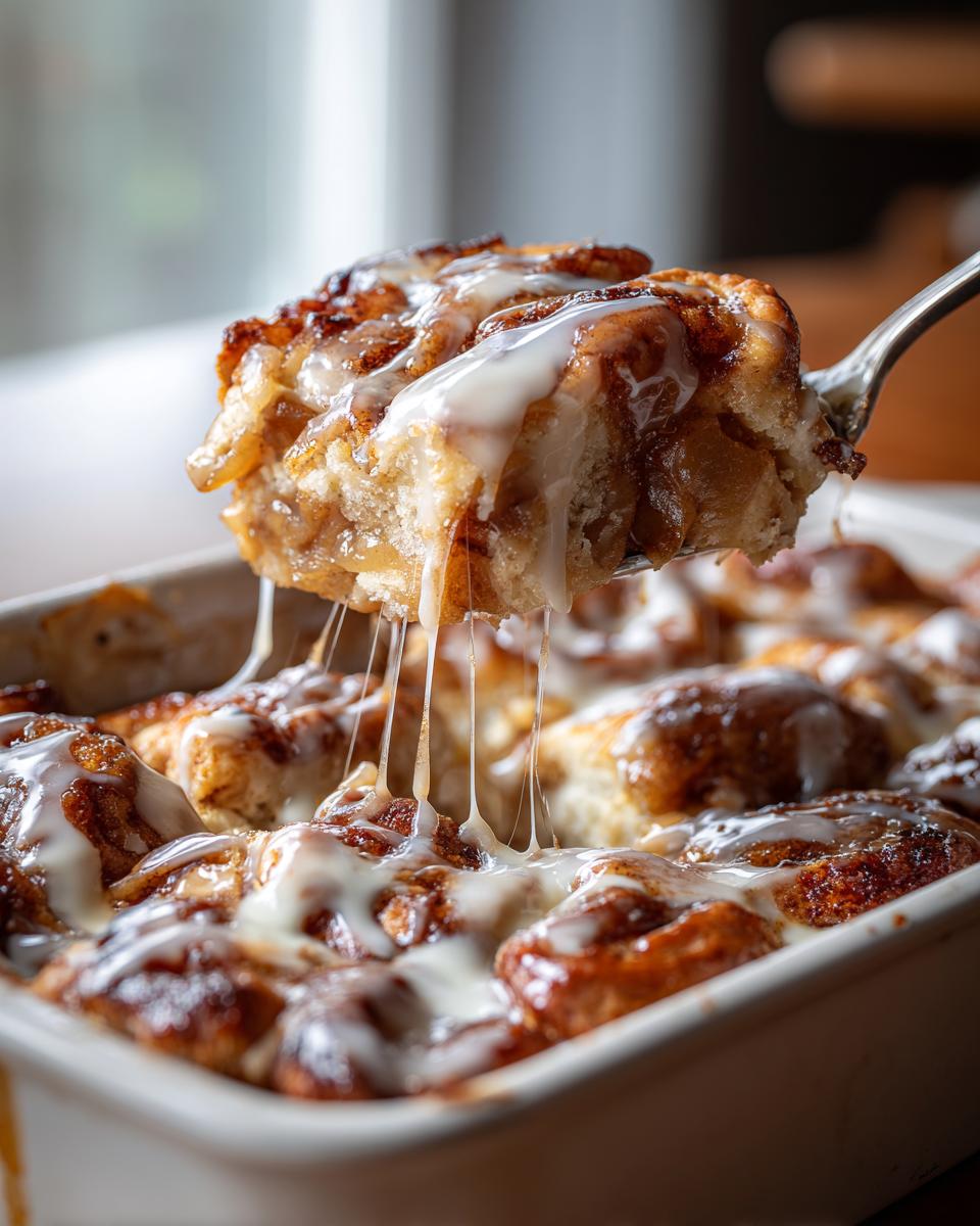 A serving spoon lifts a gooey piece of cinnamon roll apple pie, showing dripping icing over the rest of the baked dessert.