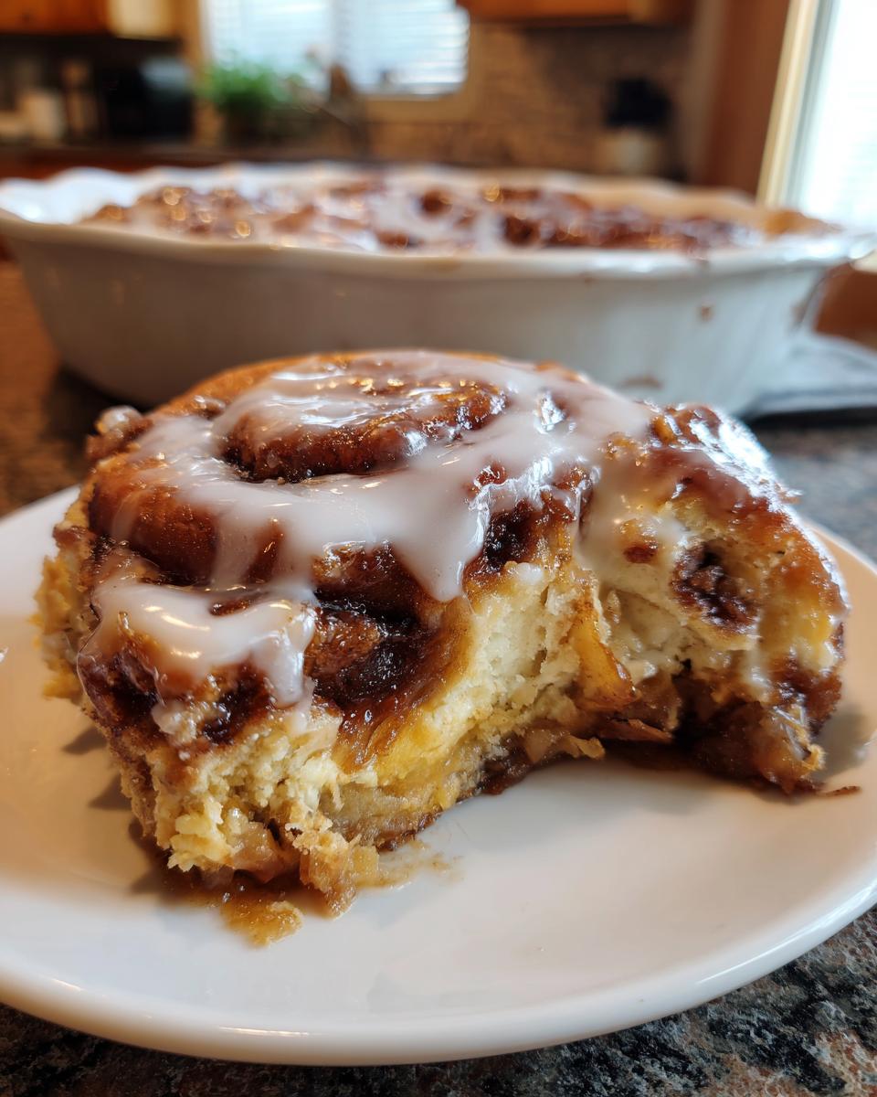 A close-up of a gooey, glazed piece of cinnamon roll apple pie served on a white plate.