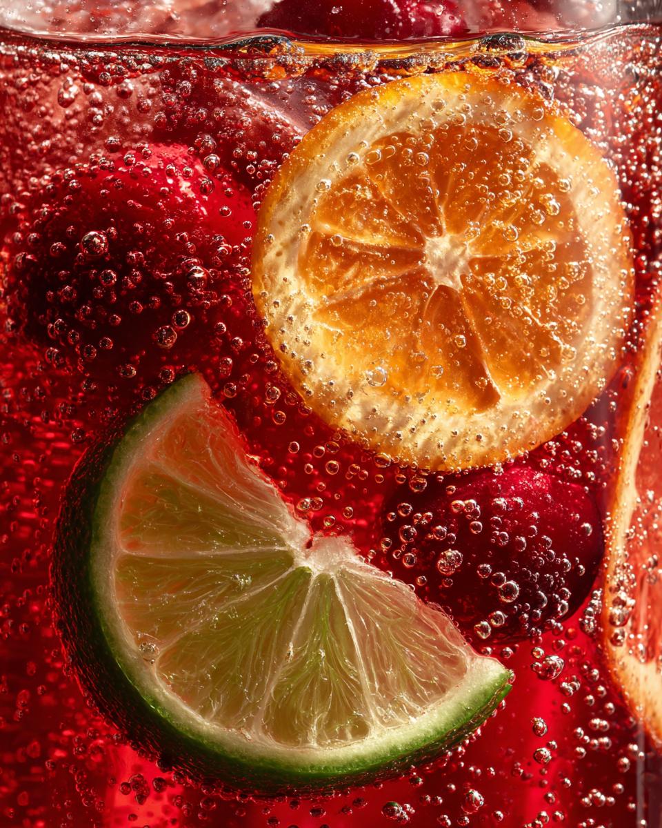 Close-up of bright red non-alcoholic christmas punch with bubbles, featuring slices of orange and lime, and whole cranberries.