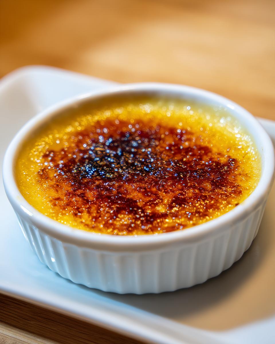 Close-up of a classic Creme Brulee with a deeply caramelized, crackling sugar top in a white ramekin.