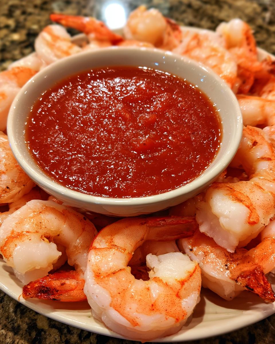 A plate piled high with cooked shrimp surrounding a small bowl of zesty red sauce for shrimp cocktail.