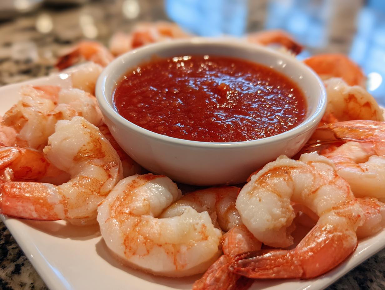 A plate of perfectly chilled, cooked shrimp surrounding a small white bowl of zesty red shrimp cocktail sauce.