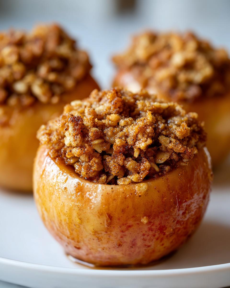 Close-up of a perfectly glazed baked apples dessert, generously topped with a cinnamon-oat crumble filling.
