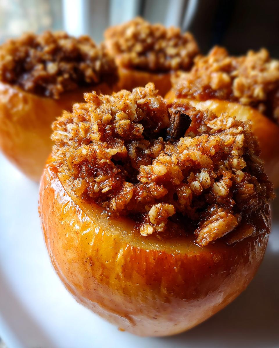 Close-up of a shiny, golden baked apples dessert generously stuffed with a brown sugar and oat crumble topping.
