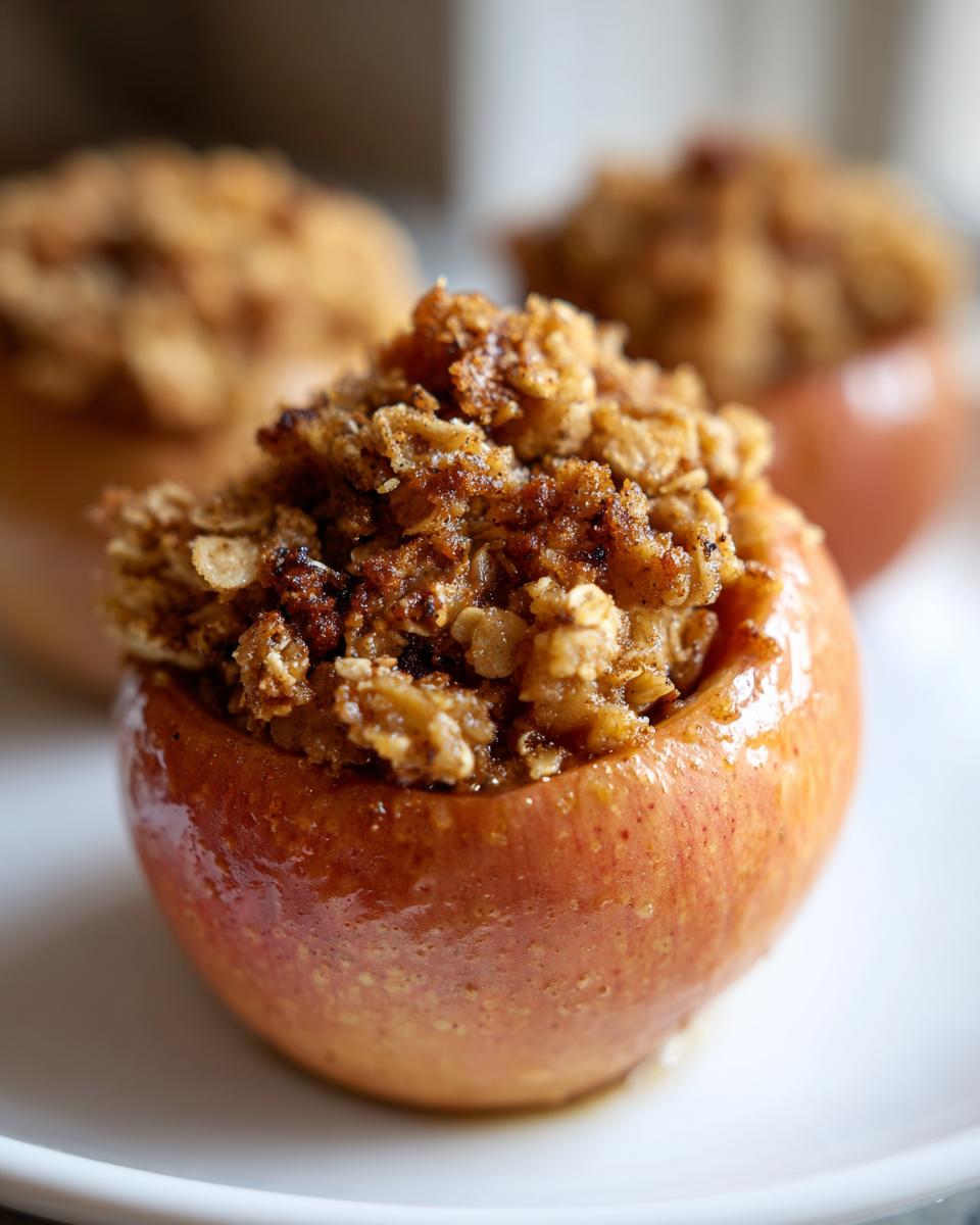 Close-up of a single, glossy baked apple filled high with a crispy, brown sugar and oat crumble topping.