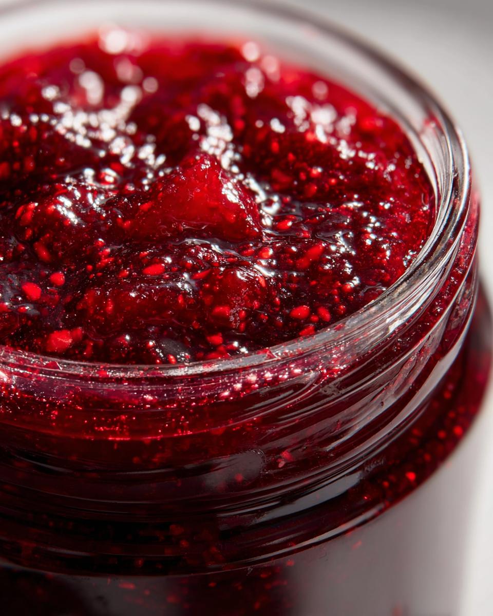 Macro shot of thick, vibrant red christmas jam filled to the brim in a clear glass jar, showing fruit texture.