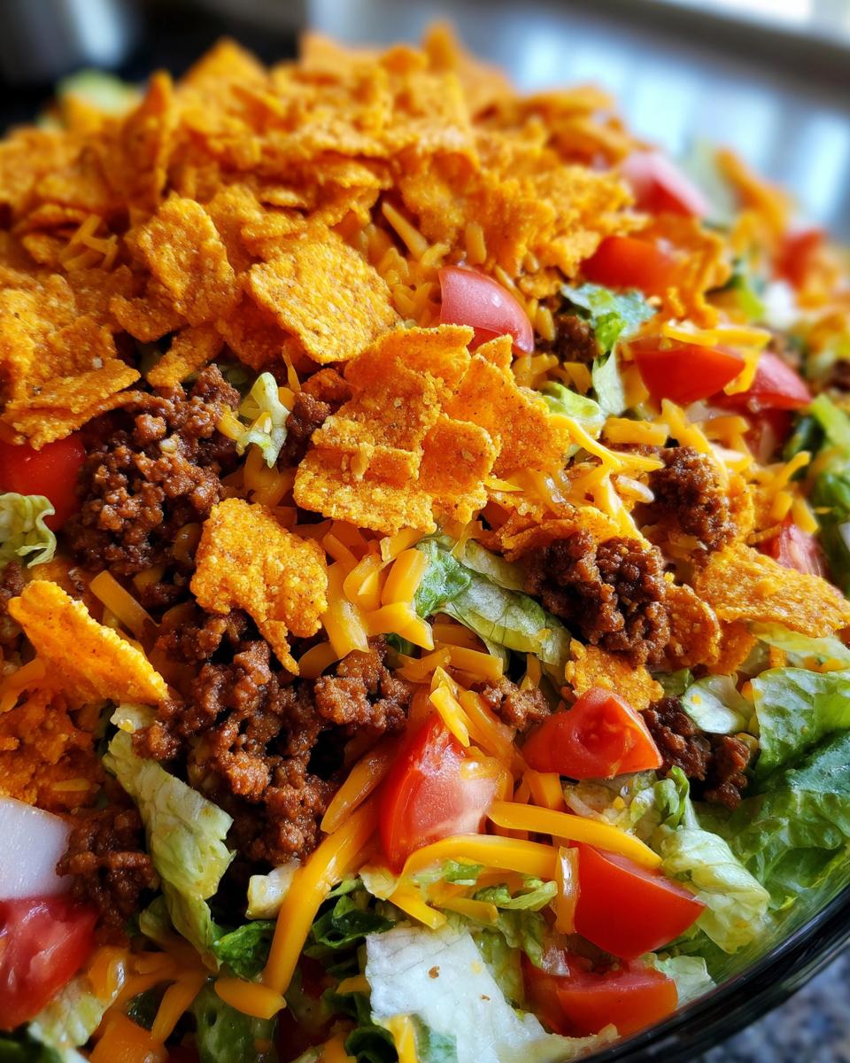 A vibrant close-up of a delicious taco salad featuring seasoned ground beef, shredded cheese, tomatoes, and crunchy corn chips.