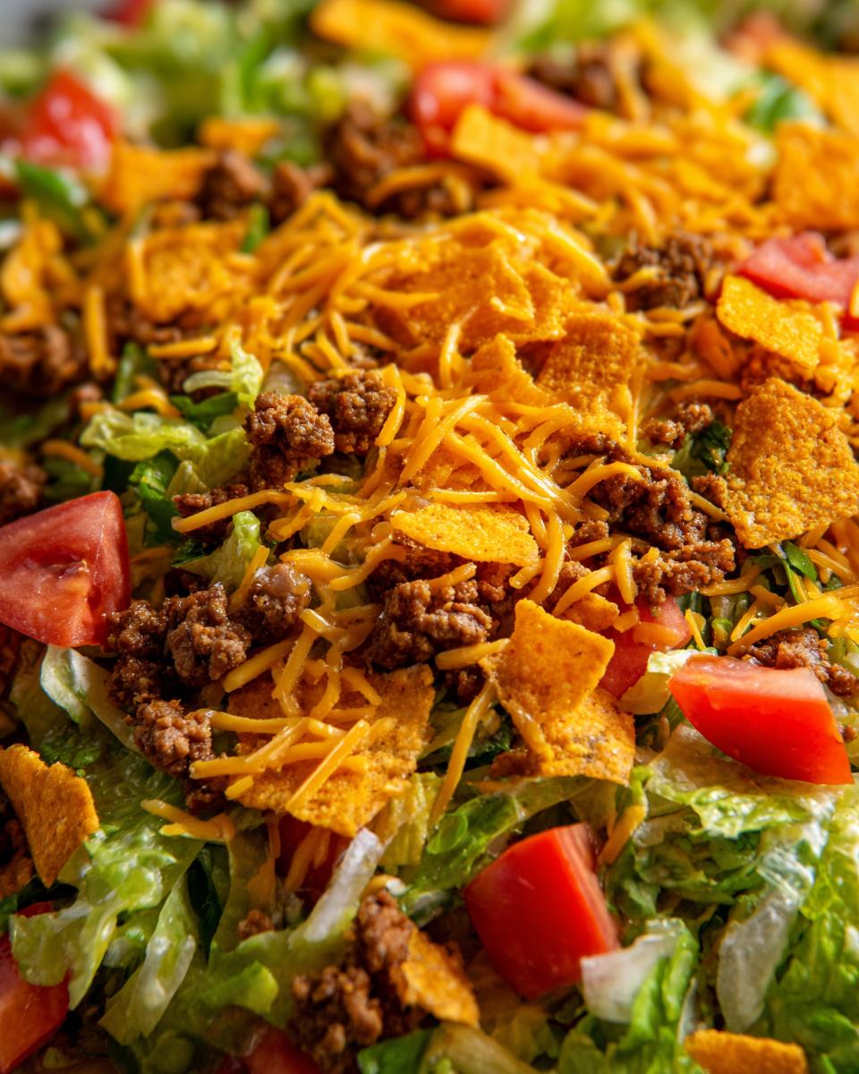 A close-up view of a vibrant taco salad featuring seasoned ground beef, shredded cheese, tomatoes, and tortilla chips over lettuce.