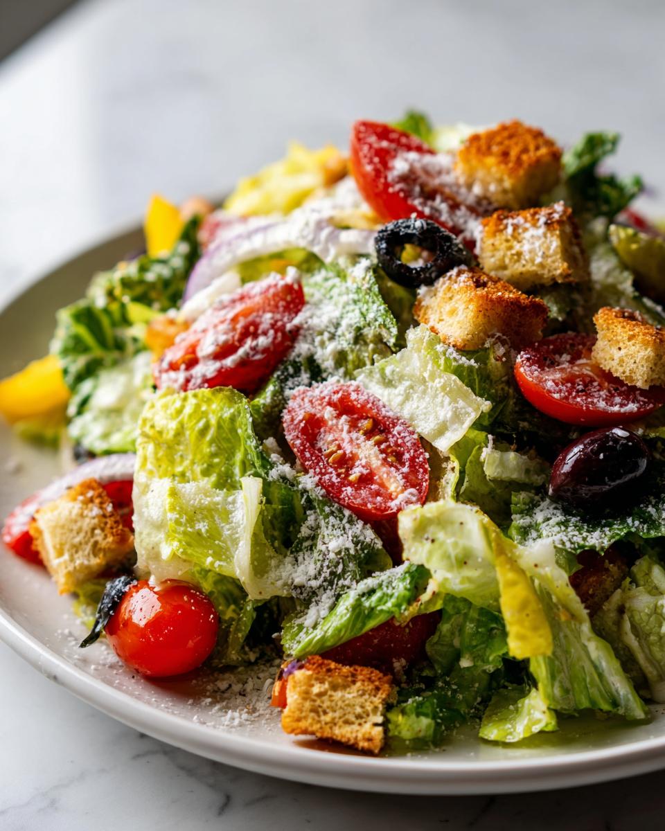A close-up of a fresh copycat Olive Garden salad featuring crisp lettuce, cherry tomatoes, black olives, croutons, and grated cheese.