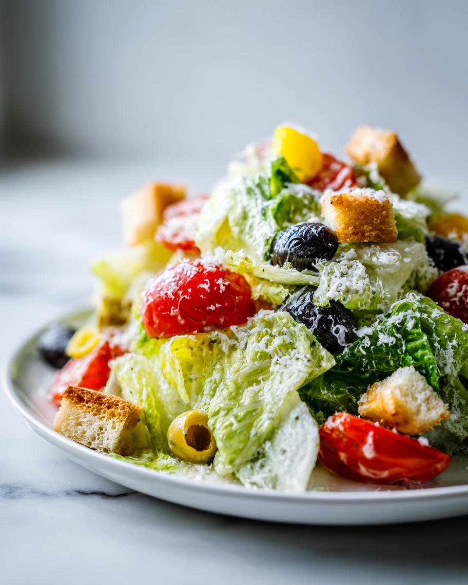 A vibrant close-up of a plate featuring a fresh copycat Olive Garden Salad with romaine lettuce, tomatoes, olives, and grated cheese.
