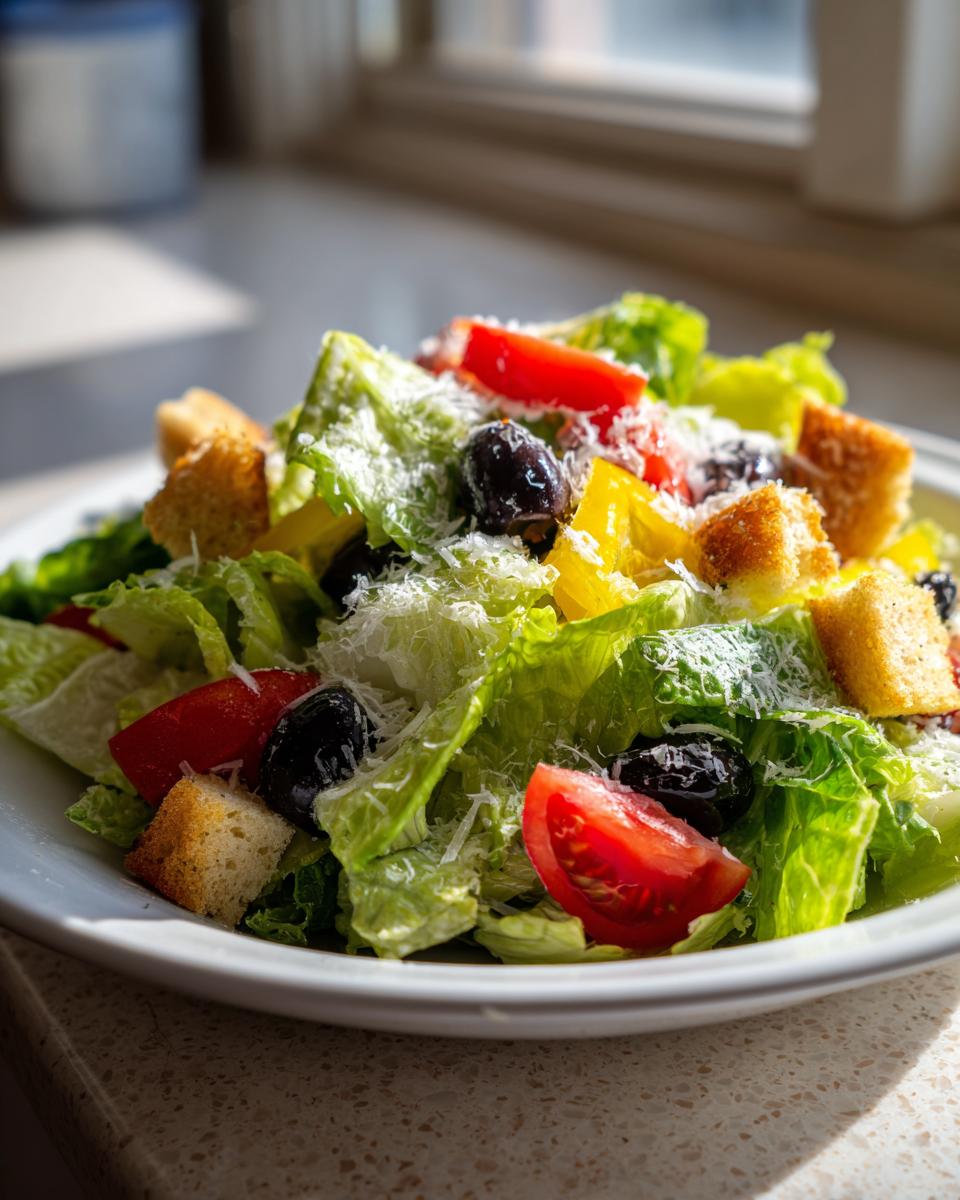 Close-up of a fresh copycat Olive Garden salad featuring crisp lettuce, tomatoes, black olives, yellow peppers, and grated Parmesan.
