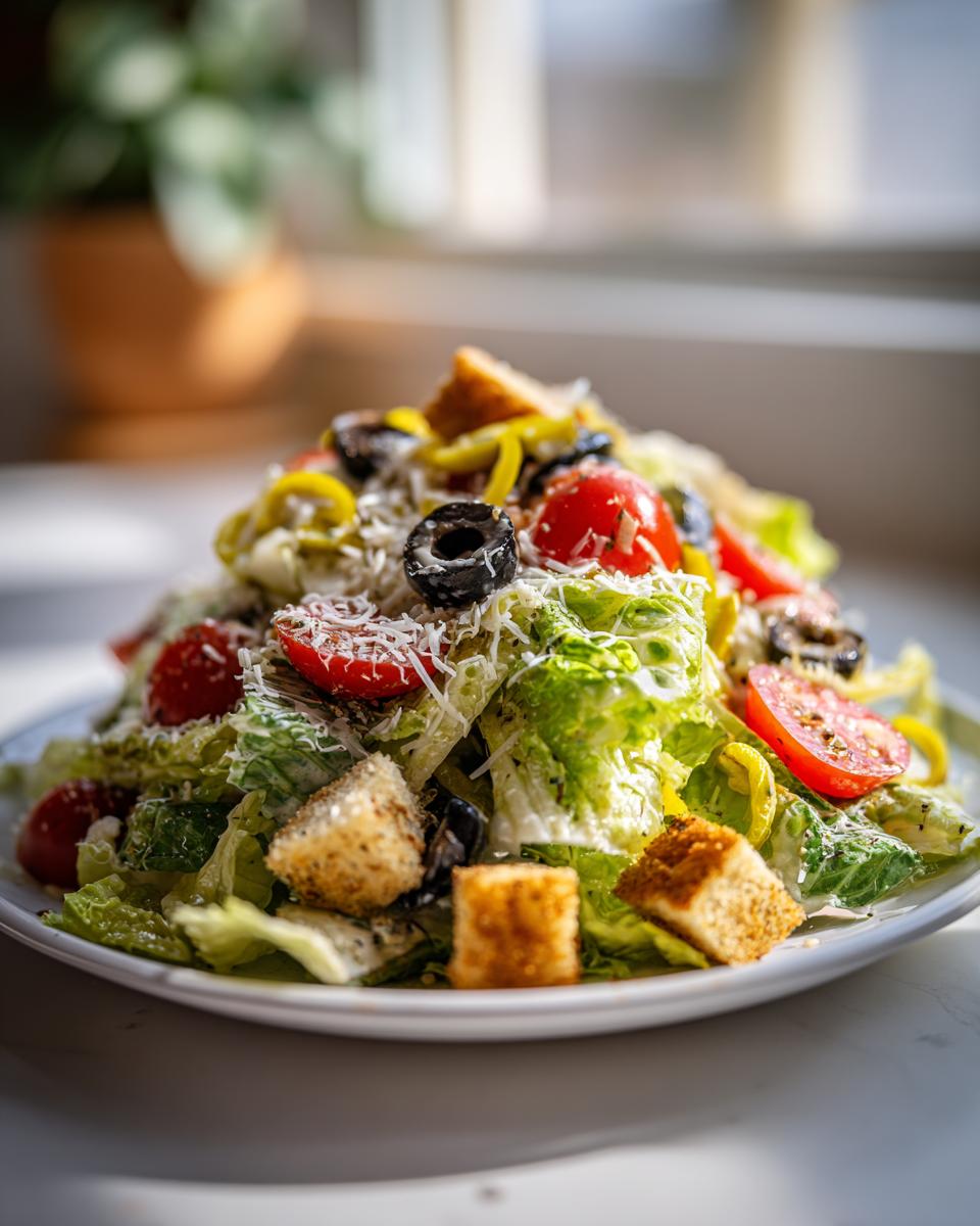 A vibrant mound of copycat olive garden salad featuring romaine lettuce, black olives, tomatoes, pepperoncini, and grated cheese.