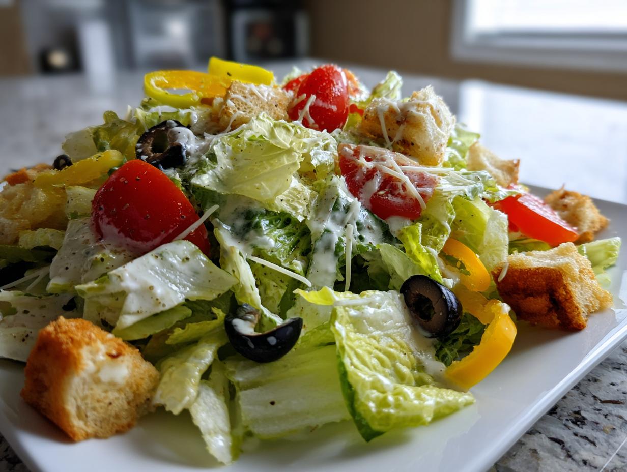A close-up of a fresh copycat Olive Garden salad featuring crisp lettuce, tomatoes, olives, peppers, croutons, and creamy dressing.