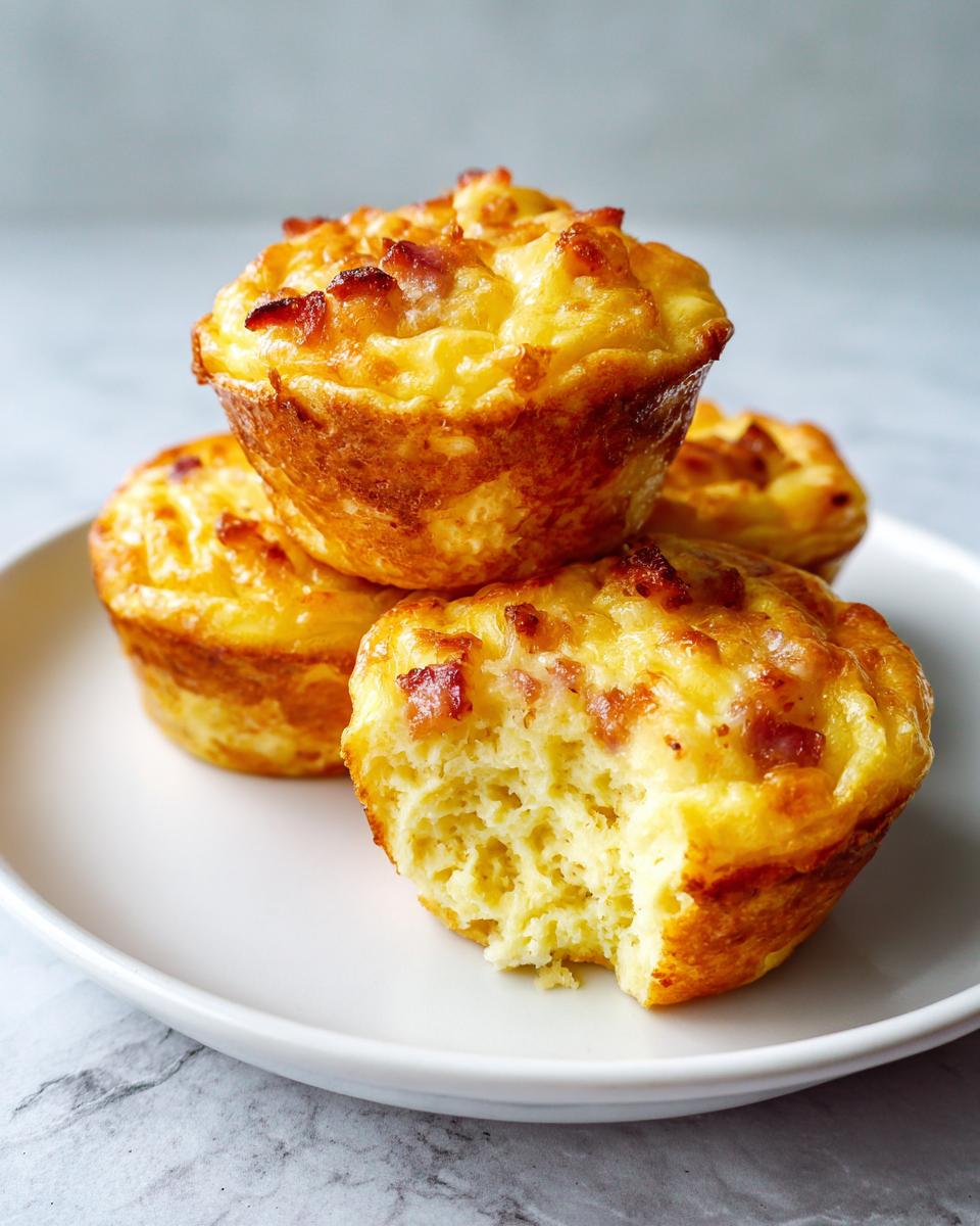 Four golden brown cottage cheese egg cups starbucks hack stacked on a white plate, one has a bite taken out.