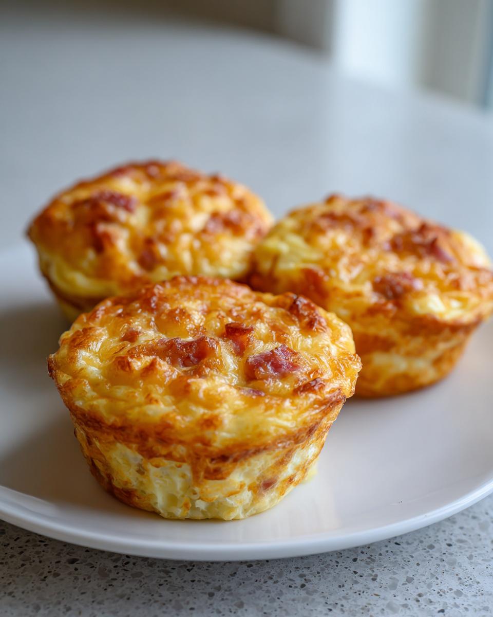 Three golden-brown cottage cheese egg cups starbucks hack style served on a white plate.
