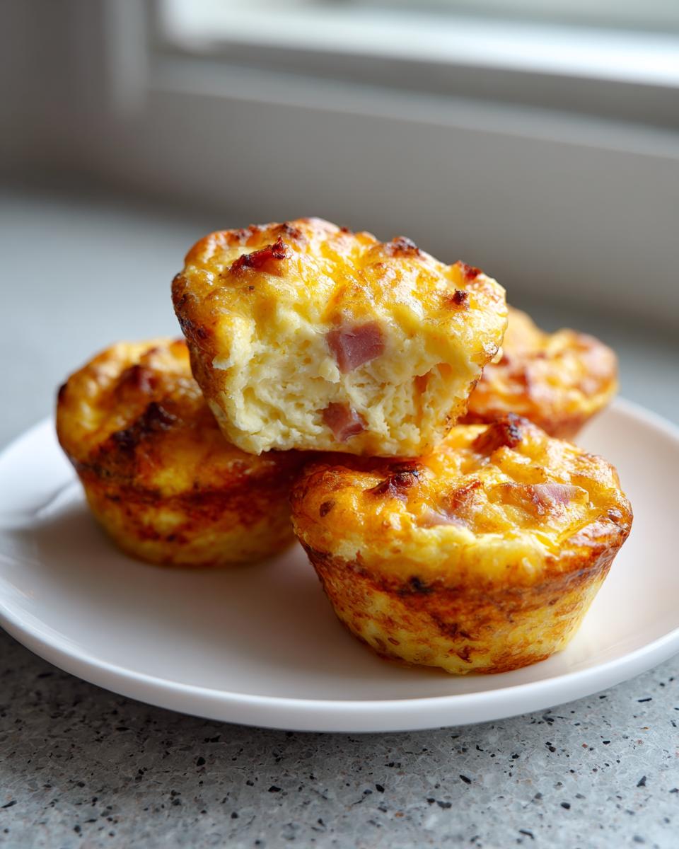 Four golden brown cottage cheese egg cups starbucks style, stacked on a white plate, one is cut open showing ham.
