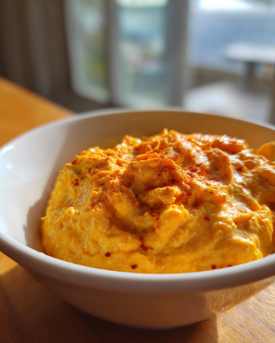 Close-up of vibrant orange-yellow cottage cheese queso topped with paprika in a white bowl.
