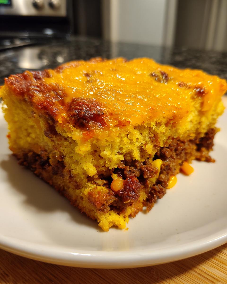 A close-up slice of cowboy cornbread casserole showing a layer of seasoned ground meat and corn topped with melted cheddar cheese.