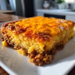 A close-up, appetizing slice of cowboy cornbread casserole showing a layer of seasoned ground meat topped with fluffy cornbread and melted cheddar cheese.