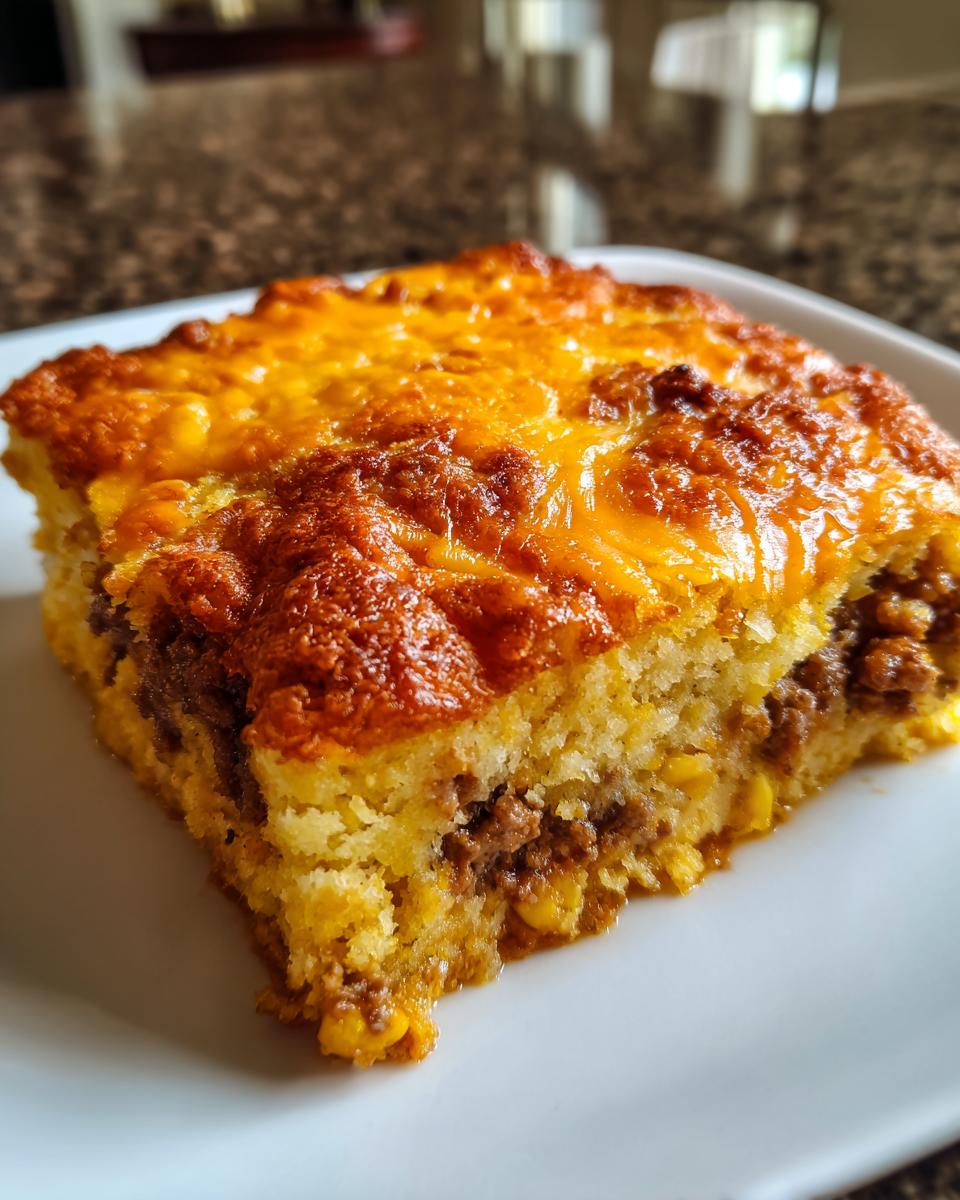 A close-up of a square slice of cowboy cornbread casserole showing the cornbread, meat filling, and melted cheddar cheese topping.