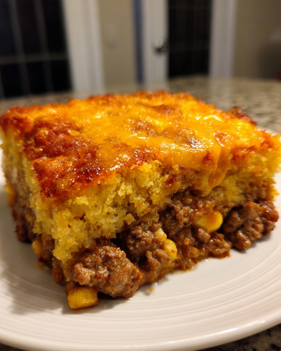 Close-up of a hearty slice of cowboy cornbread casserole showing a thick layer of seasoned ground beef and corn beneath a golden, cheesy cornbread topping.