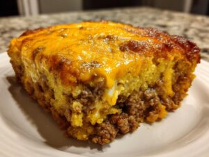 Close-up of a hearty slice of cowboy cornbread casserole showing layers of ground beef and a thick, melted cheddar cheese topping.