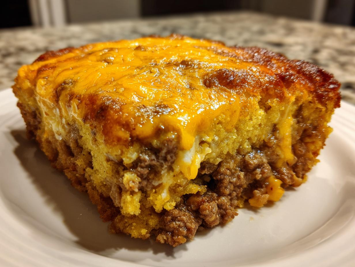Close-up of a hearty slice of cowboy cornbread casserole showing layers of ground beef and a thick, melted cheddar cheese topping.