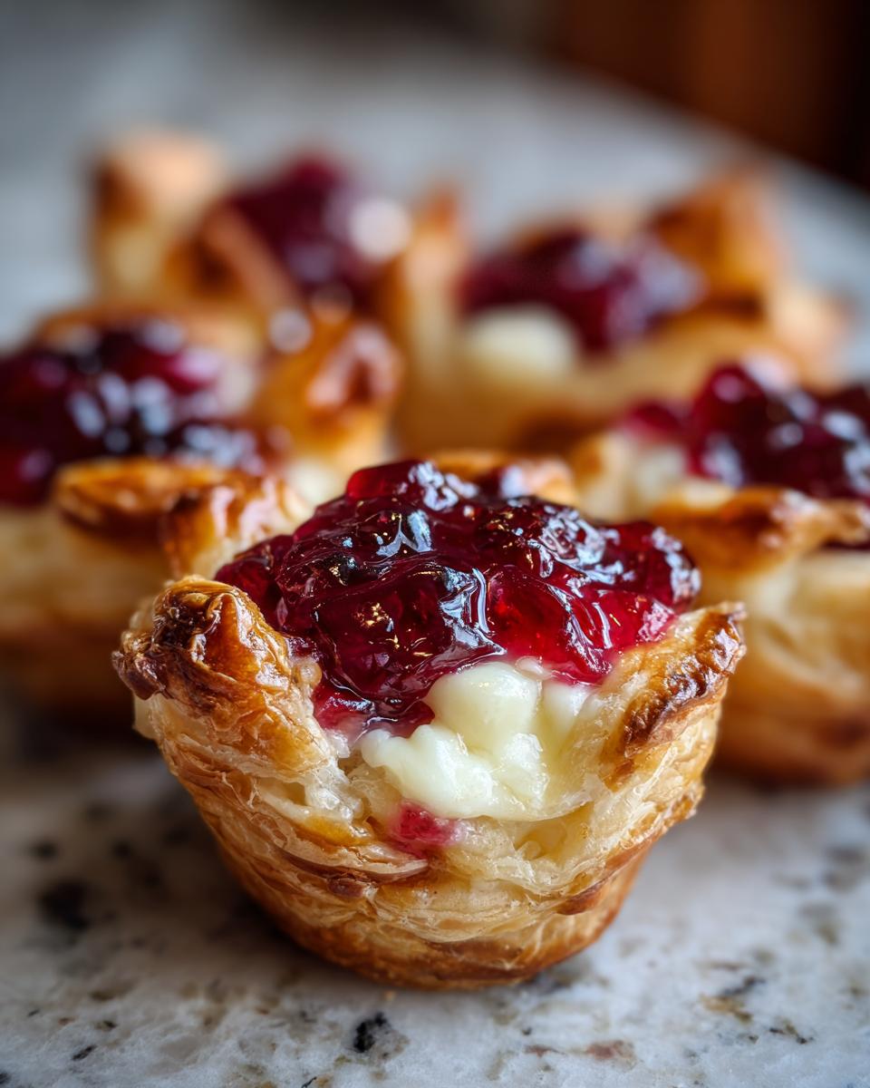 Close-up of a baked cranberry brie bites appetizer showing flaky pastry, melted brie, and bright red cranberry topping.