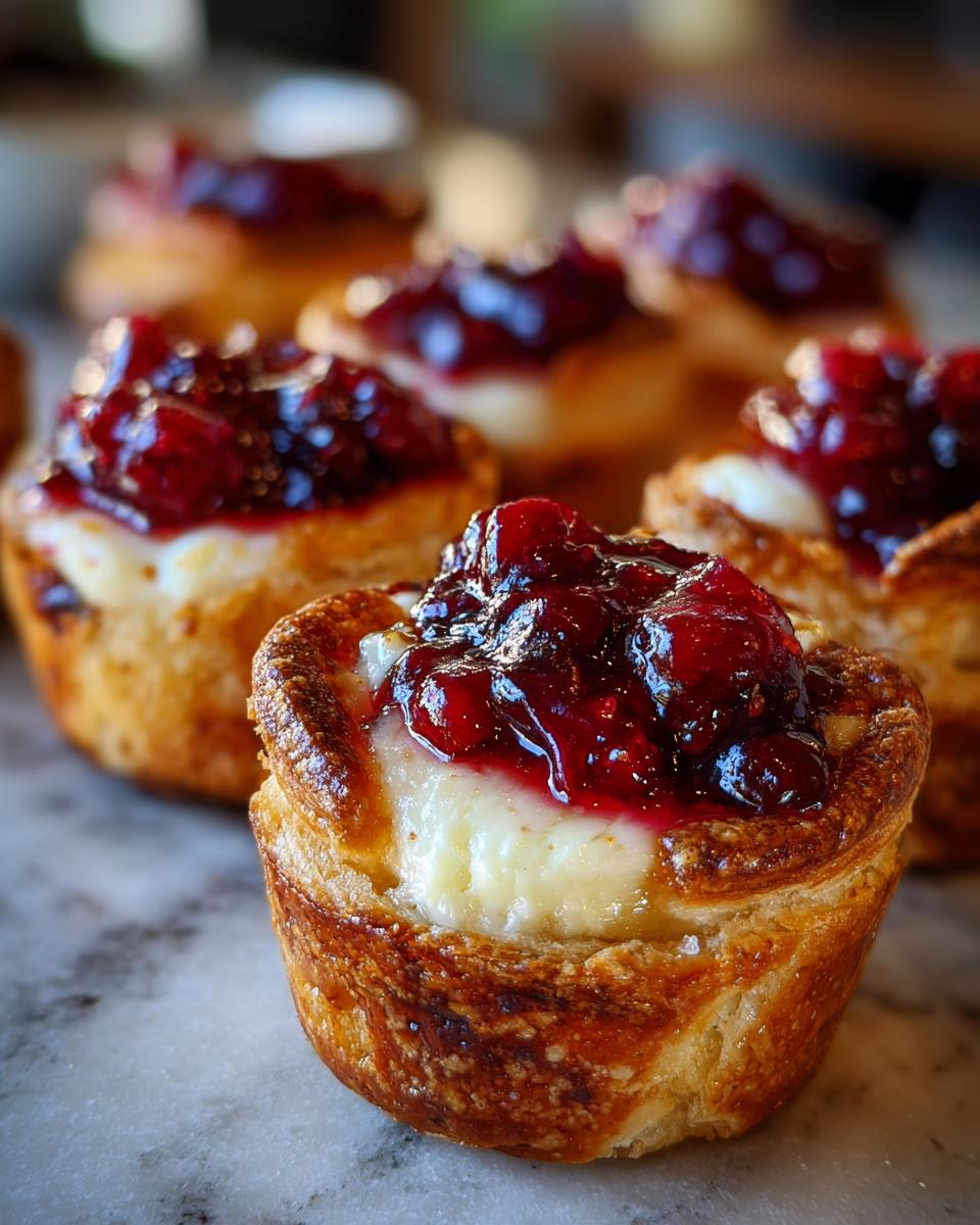 Close-up of golden baked pastry cups filled with melted brie and topped with glistening cranberry sauce, showcasing perfect cranberry brie bites.