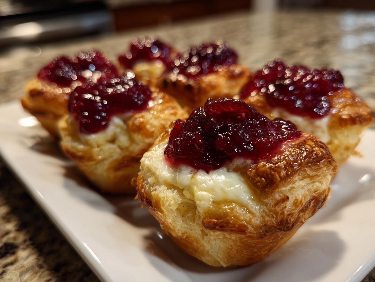 Close-up of golden baked cranberry brie bites featuring flaky pastry, melted brie, and a dollop of cranberry sauce.