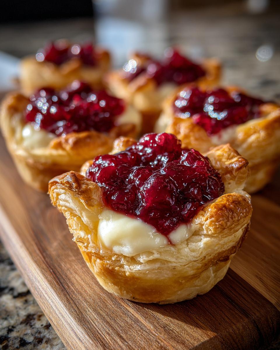 Close-up of warm cranberry brie bites featuring melted brie and tart cranberry topping in flaky puff pastry cups.