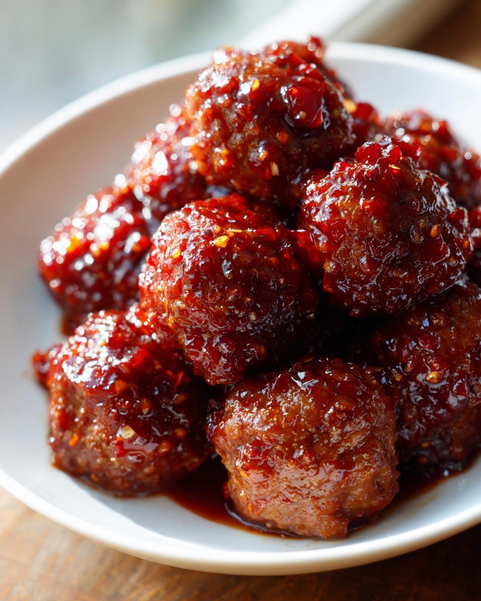 Close-up of glistening, saucy cranberry meatballs piled high in a white bowl.