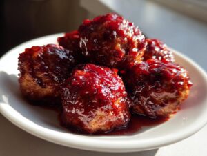 A small white dish holding several glistening cranberry meatballs covered in a thick, dark red glaze.