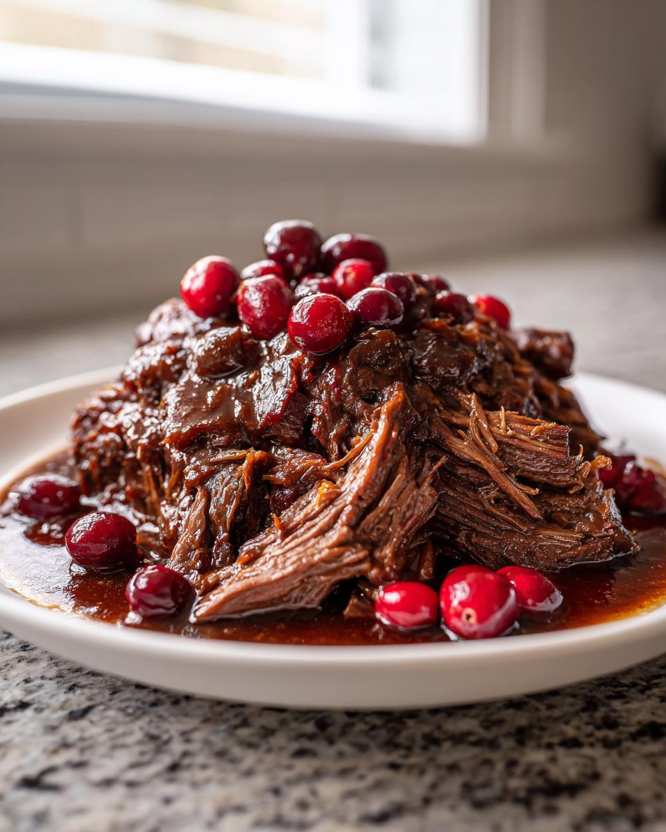 A close-up of tender, shredded cranberry pot roast covered in rich sauce and topped with fresh cranberries.