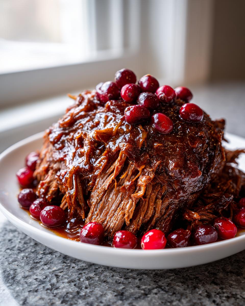 A mound of shredded, saucy cranberry pot roast garnished generously with whole fresh cranberries.