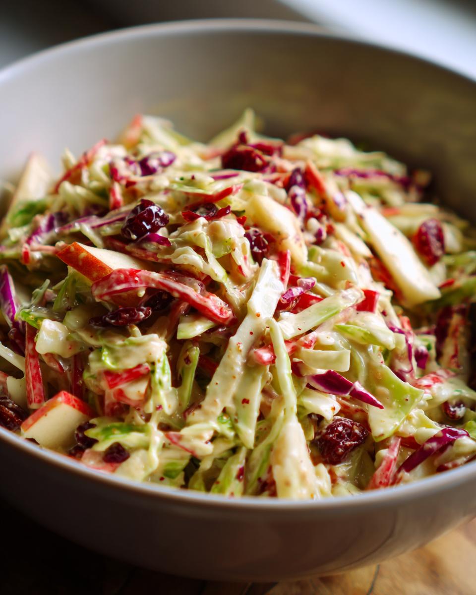 Close-up of creamy apple cranberry coleslaw featuring shredded cabbage, apple chunks, and dried cranberries.