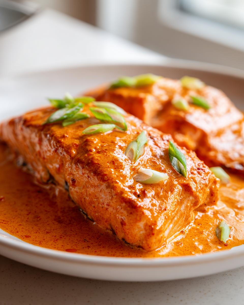 Two fillets of salmon coated in a rich, creamy orange bang bang sauce, garnished with sliced green onions.