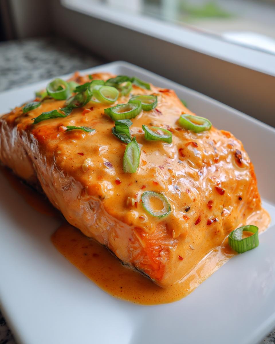 A close-up of a perfectly cooked fillet of bang bang salmon generously covered in orange, creamy sauce and topped with sliced green onions.