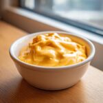 A close-up of thick, vibrant orange beer cheese dip served in a small white bowl on a wooden surface.