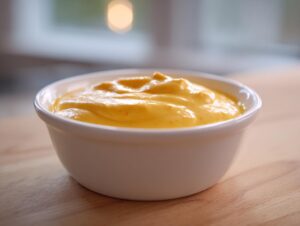 A close-up of thick, creamy, bright yellow beer cheese dip served in a small white ramekin on a wooden surface.