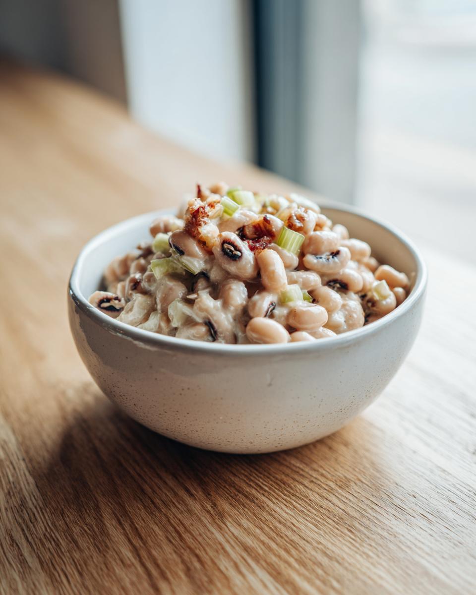 A creamy black eyed peas recipe served in a speckled white bowl, topped with bacon bits and green onions.