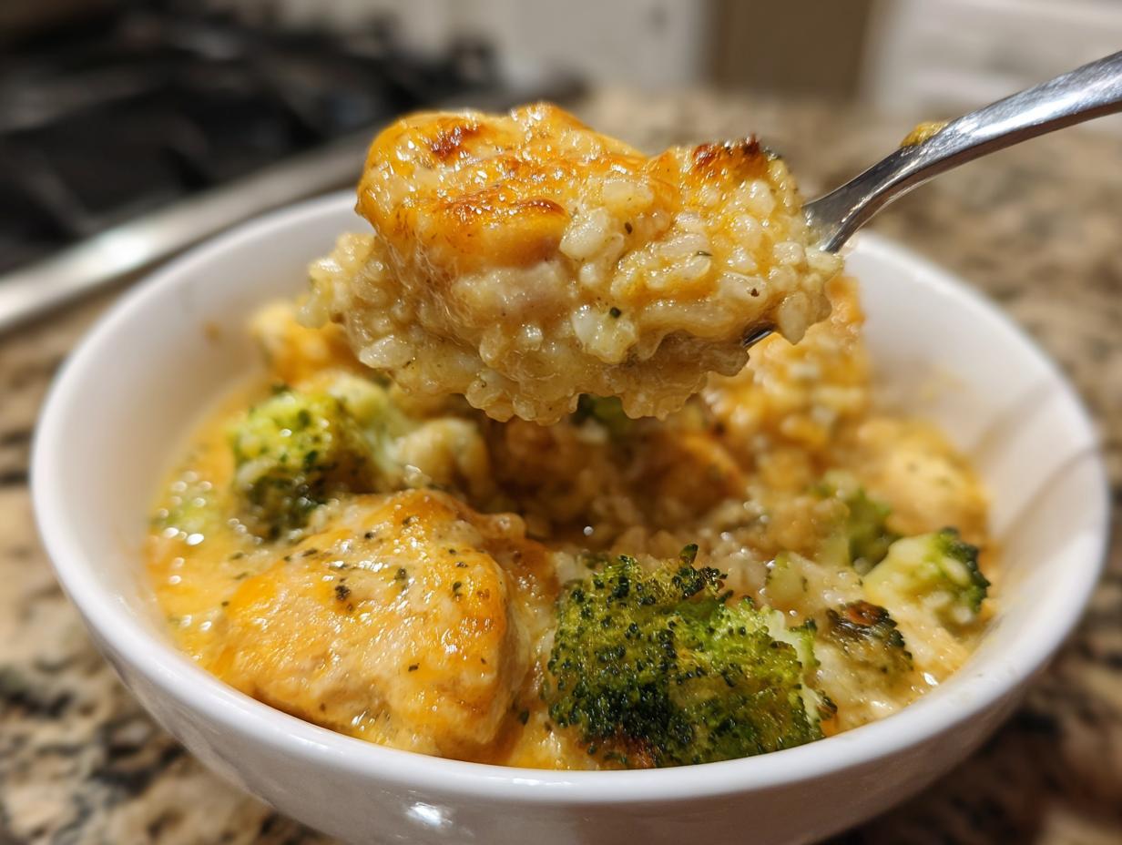 A spoonful of creamy chicken broccoli rice casserole lifted from a white bowl, showing cheesy sauce and tender chicken.